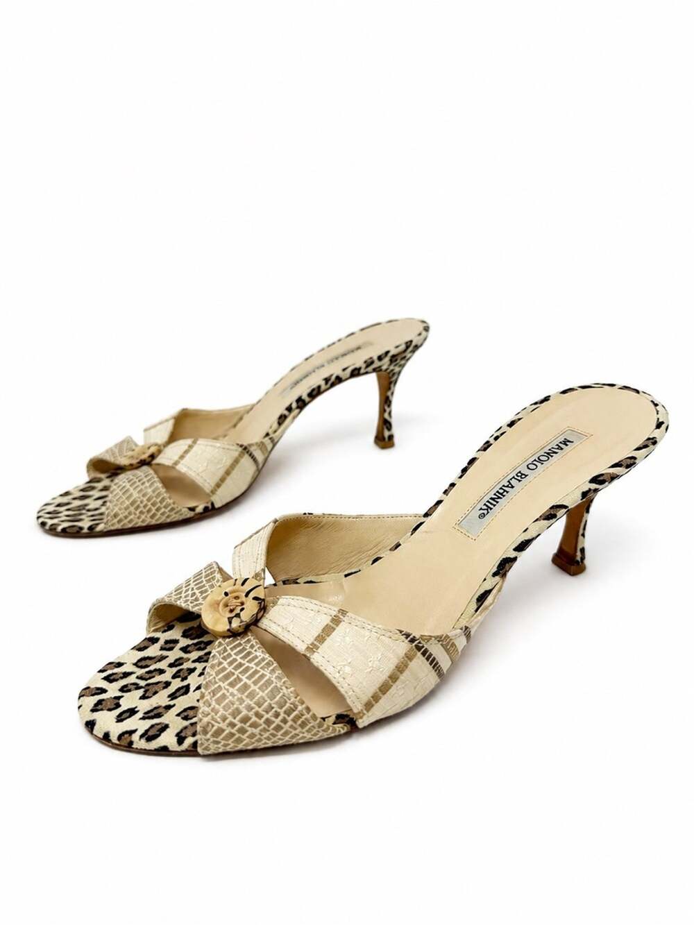 Manolo Blahnik Leopard Print Slide Sandals Heels Womens Size EU 39.5